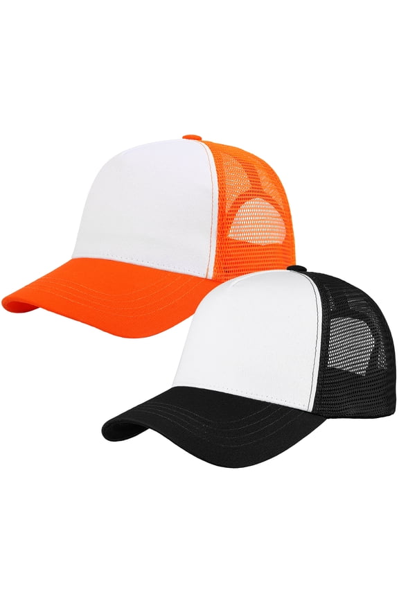 5-Panel Mesh Baseball Cap, Trucker Hat, Structured Plain Design, Cotton, Adjustable Size - Black & Orange