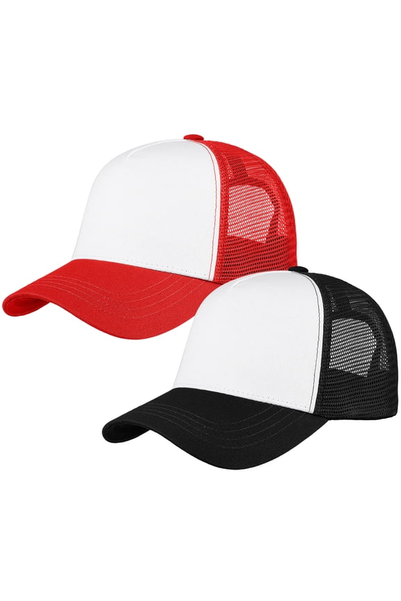 5-Panel Mesh Baseball Cap, Trucker Hat, Structured Plain Design, Cotton, Adjustable Size - Black & Red