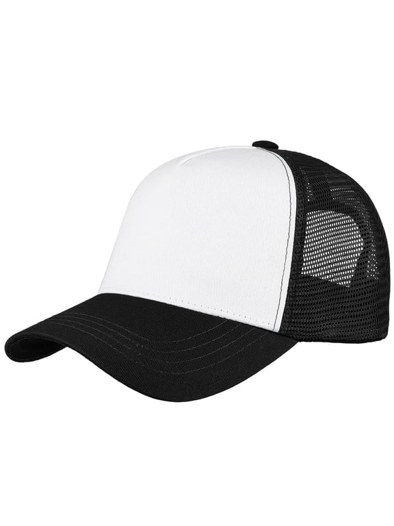 5-Panel Mesh Baseball Cap, Trucker Hat, Structured Plain Design, Cotton, Adjustable Size - Black