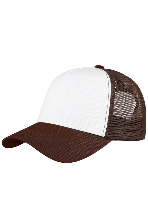 5-Panel Mesh Baseball Cap, Trucker Hat, Structured Plain Design, Cotton, Adjustable Size - Brown