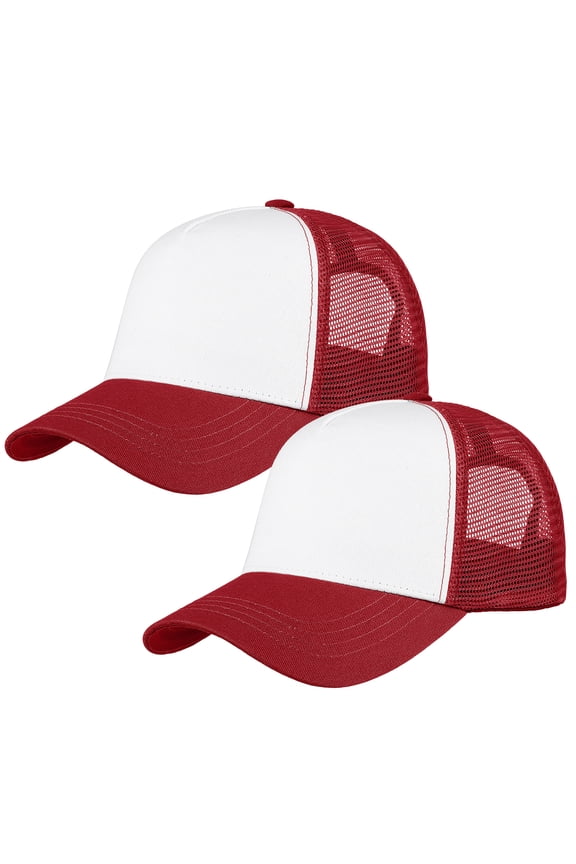 5-Panel Mesh Baseball Cap, Trucker Hat, Structured Plain Design, Cotton, Adjustable Size - Burgundy & Burgundy