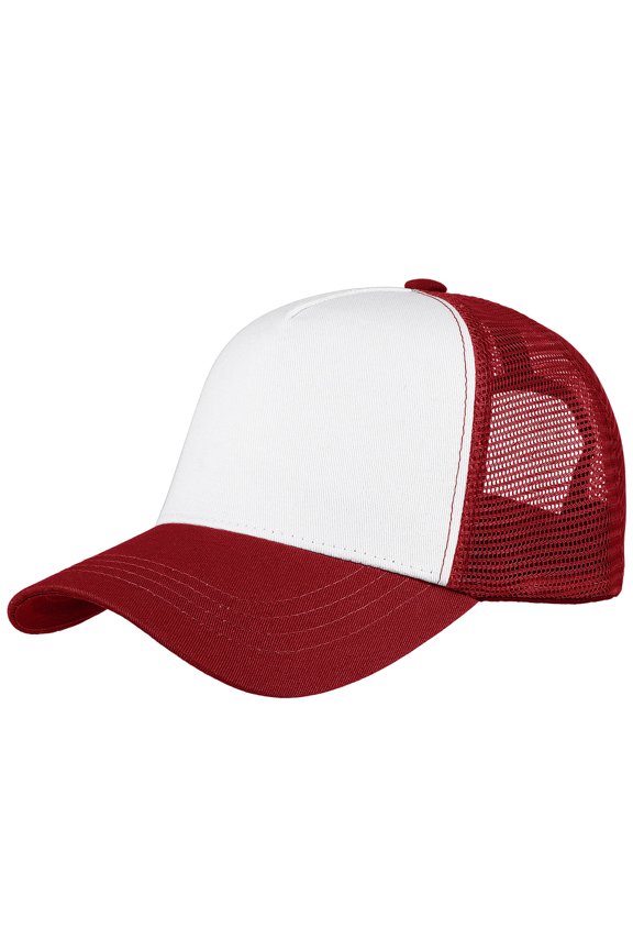 5-Panel Mesh Baseball Cap, Trucker Hat, Structured Plain Design, Cotton, Adjustable Size - Burgundy