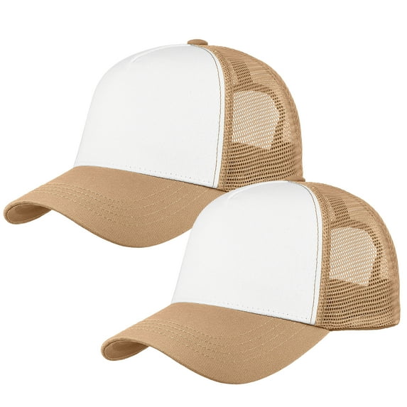 Falari 5-Panel Mesh Baseball Cap, Trucker Hat, Structured Plain Design, Cotton, Adjustable Size - Khaki & Khaki