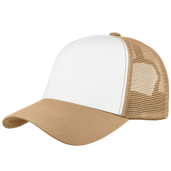 Falari 5-Panel Mesh Baseball Cap, Trucker Hat, Structured Plain Design, Cotton, Adjustable Size - Khaki