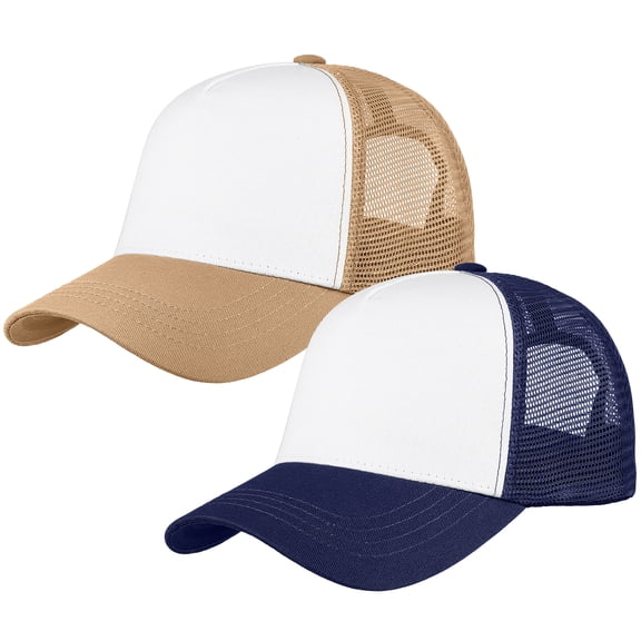 Falari 5-Panel Mesh Baseball Cap, Trucker Hat, Structured Plain Design, Cotton, Adjustable Size - Navy & Khaki