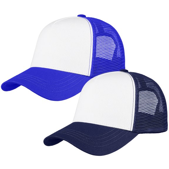 Falari 5-Panel Mesh Baseball Cap, Trucker Hat, Structured Plain Design, Cotton, Adjustable Size - Navy & Royal