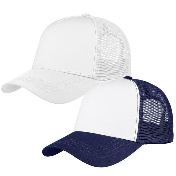 Falari 5-Panel Mesh Baseball Cap, Trucker Hat, Structured Plain Design, Cotton, Adjustable Size - Navy & White