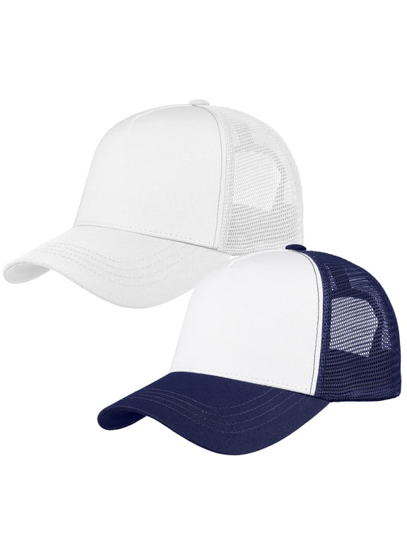 5-Panel Mesh Baseball Cap, Trucker Hat, Structured Plain Design, Cotton, Adjustable Size - Navy & White