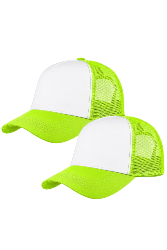 5-Panel Mesh Baseball Cap, Trucker Hat, Structured Plain Design, Cotton, Adjustable Size - Neon Green & Neon Green