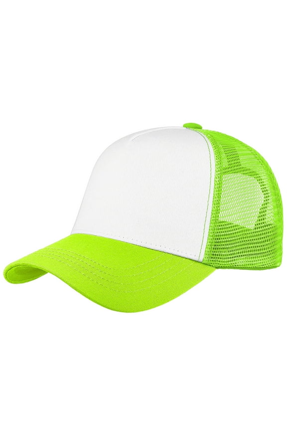 5-Panel Mesh Baseball Cap, Trucker Hat, Structured Plain Design, Cotton, Adjustable Size - Neon Green