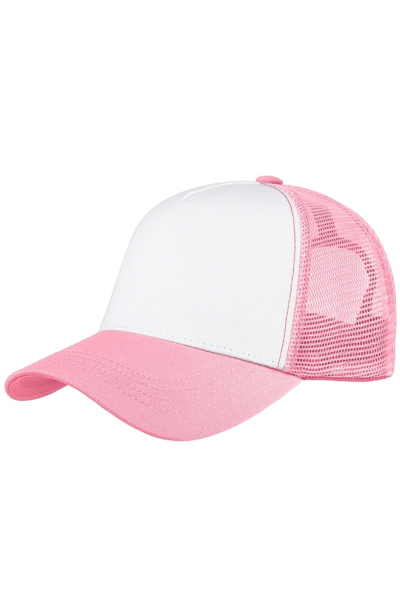 5-Panel Mesh Baseball Cap, Trucker Hat, Structured Plain Design, Cotton, Adjustable Size - Pink