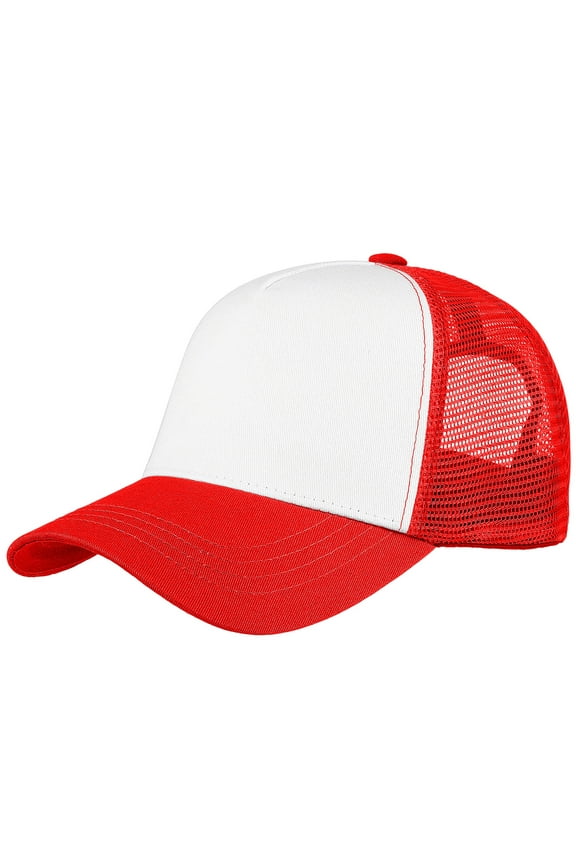 5-Panel Mesh Baseball Cap, Trucker Hat, Structured Plain Design, Cotton, Adjustable Size - Red