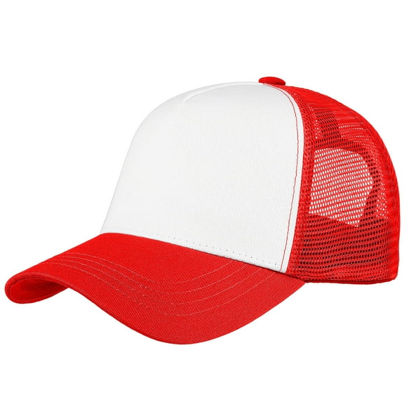 Falari 5-Panel Mesh Baseball Cap, Trucker Hat, Structured Plain Design, Cotton, Adjustable Size - Red