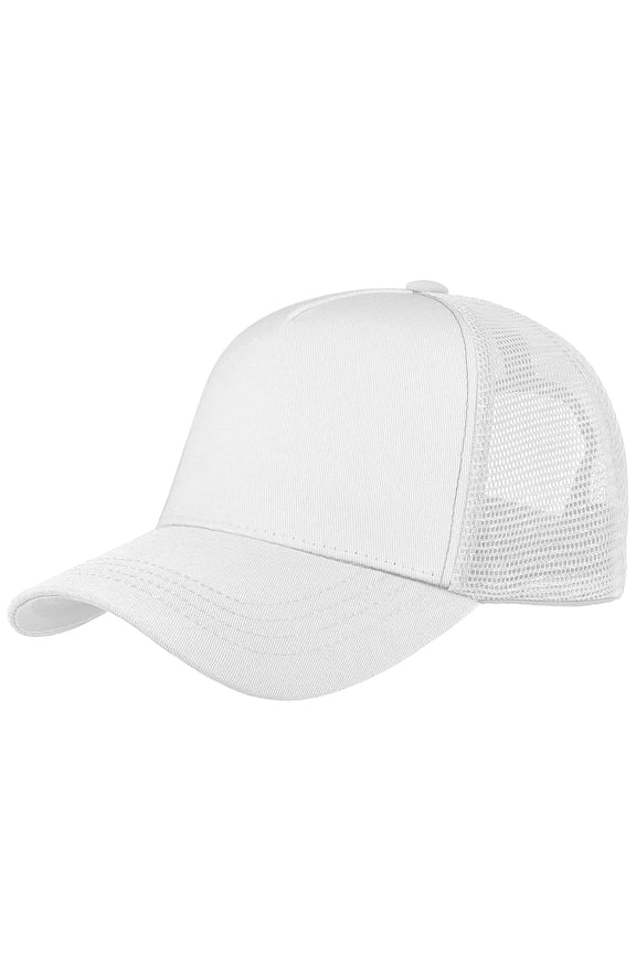 5-Panel Mesh Baseball Cap, Trucker Hat, Structured Plain Design, Cotton, Adjustable Size - White
