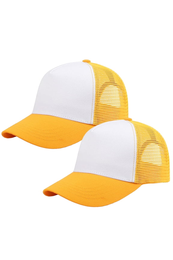 5-Panel Mesh Baseball Cap, Trucker Hat, Structured Plain Design, Cotton, Adjustable Size - Yellow & Yellow
