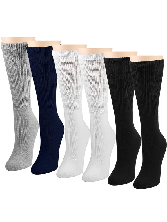 Women Diabetic Crew Socks 6 Pairs Diabetes Edema and Circulatory Loose Fitting Cotton 9-11 (Assorted Color)