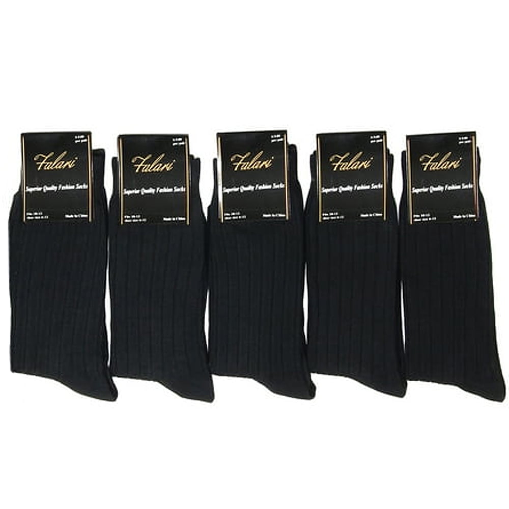 FALARI Men's Cotton Dress Socks, Black Ribbed, Crew Length, Size 10-13, 5-Pack