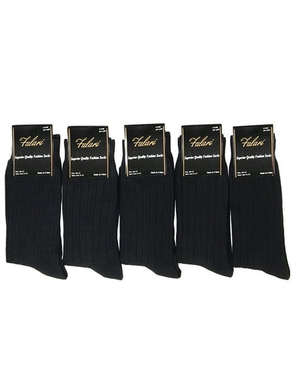 Men's Cotton Dress Socks, Black Ribbed, Crew Length, Size 10-13, 5-Pack