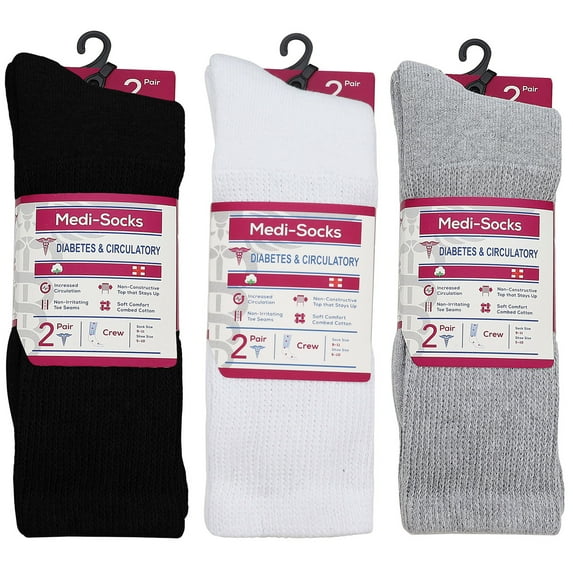 Falari 6-Pack Black Gray Navy White Women Diabetic Crew Cotton Socks Size 9-11 Loose Fitting Socks