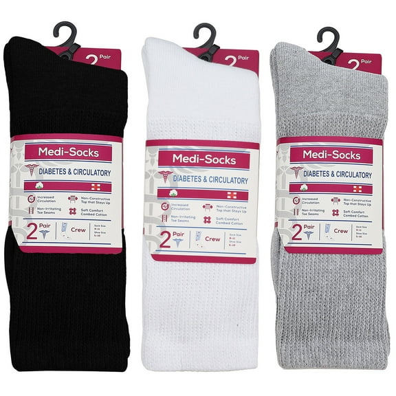 Falari 6-Pack Black Gray Navy White Women Diabetic Crew Cotton Socks Size 9-11 Loose Fitting Socks