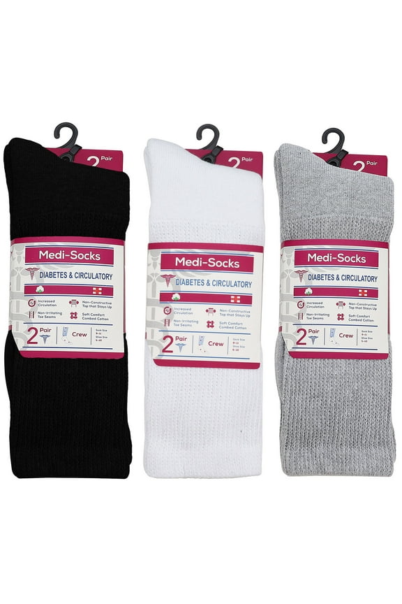 6-Pack Black Gray Navy White Women Diabetic Crew Cotton Socks Size 9-11 Loose Fitting Socks