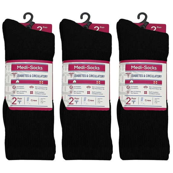 Falari 6-Pack Women Diabetic Crew Socks Diabetes Edema and Circulatory Loose Fitting Cotton 9-11 (Black)