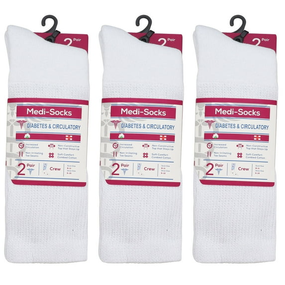 Falari 6-Pack Women Diabetic Crew Socks Diabetes Edema and Circulatory Loose Fitting Cotton 9-11 (White)
