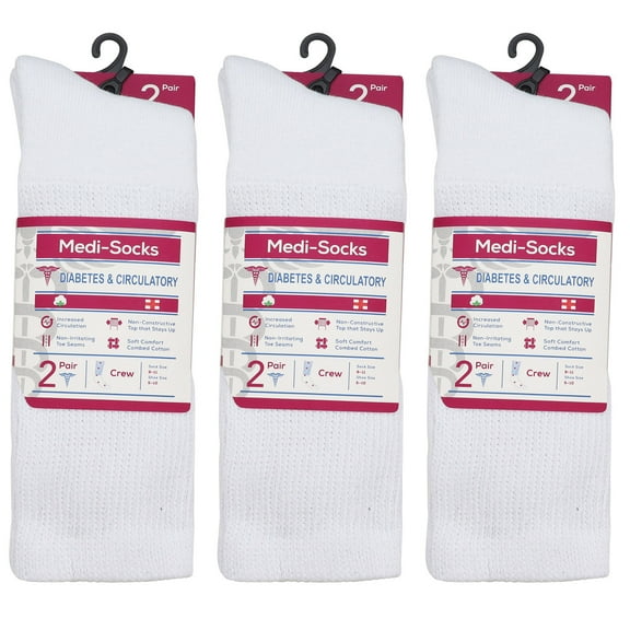 Falari 6-Pack Women Diabetic Crew Socks Diabetes Edema and Circulatory Loose Fitting Cotton 9-11 (White)