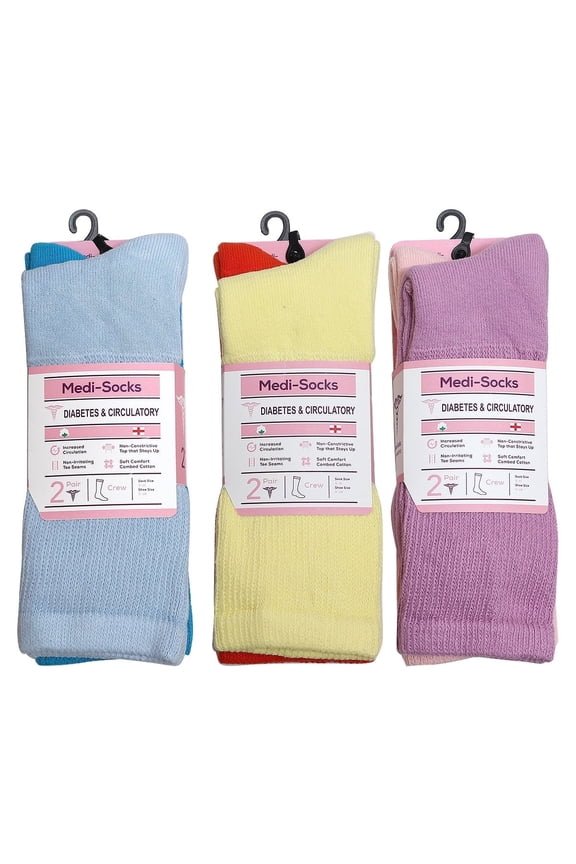 6 Pairs Women Diabetic Crew Socks for Diabetes Edema and Circulatory Loose Fitting Cotton Assorted Color Size 9-11