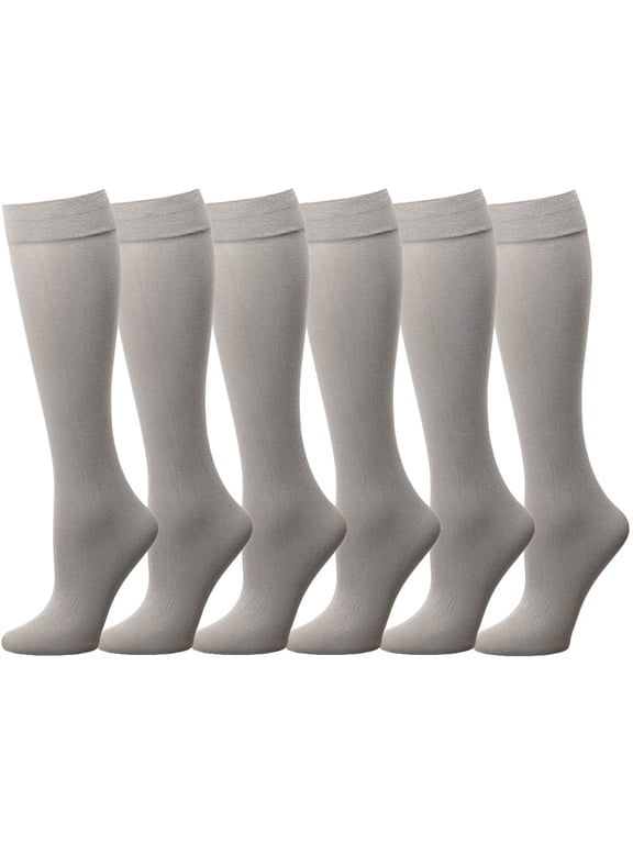 6 Pairs Women Trouser Socks with Comfort Band Stretchy Spandex Opaque Knee High Silver/Light Gray