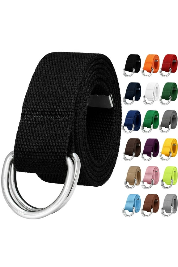 Canvas Web Belt Metal Double D Ring Buckle for Men Women Casual Cloth Military Style Belt 1 1/2" Wide Black Large