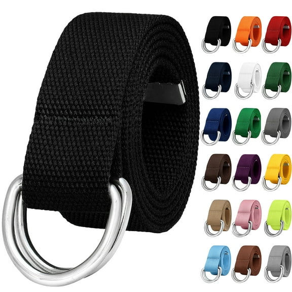 Falari Canvas Web Belt Metal Double D Ring Buckle for Men Women Casual Cloth Military Style Belt 1 1/2" Wide Black Medium