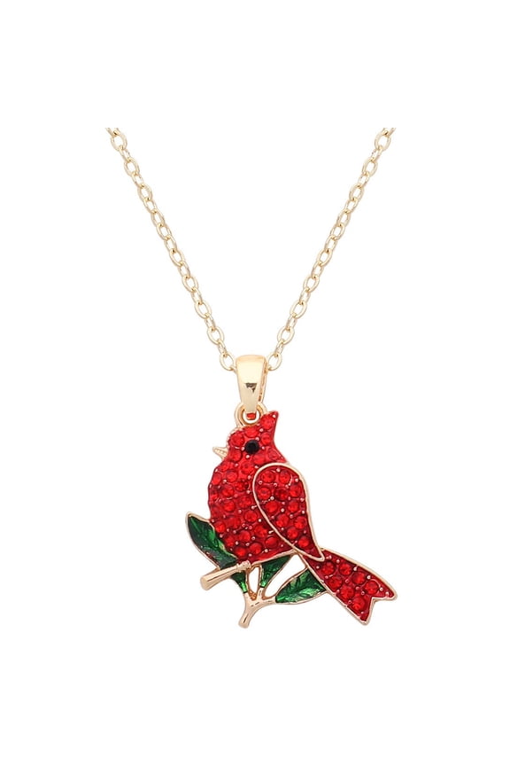 Cardinal Red Bird Pendant Necklace Rhinestone Crystal Gold Plated 17" Link Chain