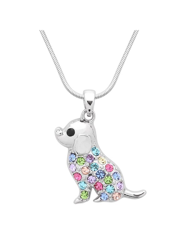 Dog Pendant Necklace Multicolor Rhinestone Crystal Rhodium High Polished 17 inch Snake Chain J1655
