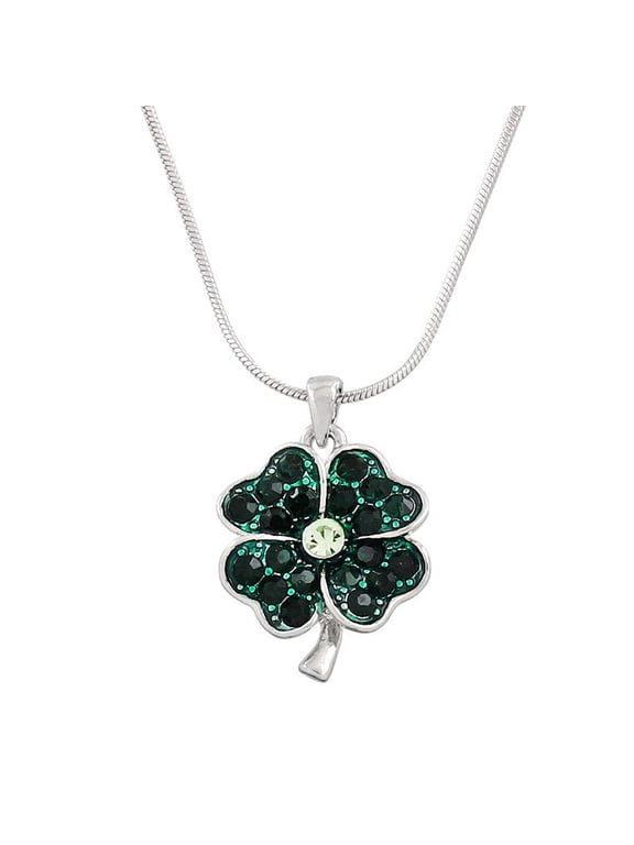 Four Leaf Clover Necklace, Green Pave Crystal, Irish St Patrick's Day Style, Snake Chain