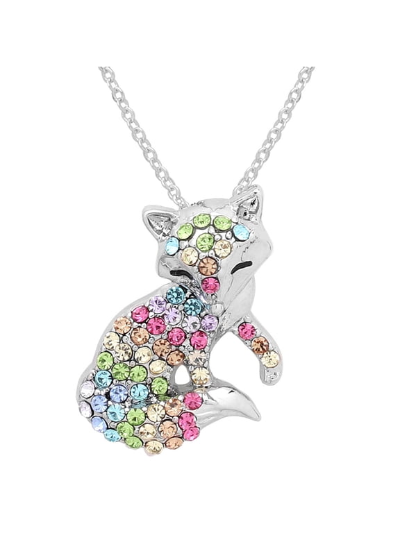 Fox Pendant Necklace Multicolor Rhinestone Crystal Rhodium High Polished 17 inch Link Chain J1663
