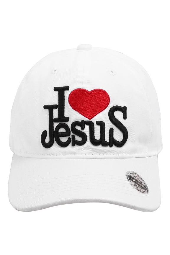 I Love Jesus Baseball Cap Washed Cotton Adjustable Low Profile Unconstructed Distressed Dad Hat - White