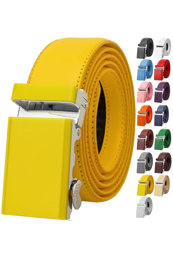 Men Unisex Genuine Leather Casual Ratchet Dress Belt, Trim to Fit - Yellow - Medium