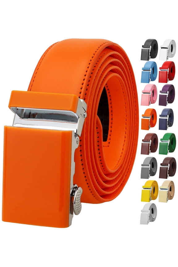 Men Unisex Genuine Leather Casual Ratchet Dress Belt, Trim to Fit - Orange - Large