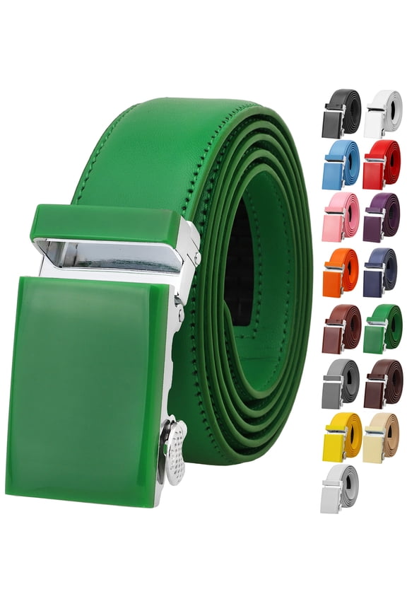 Men Unisex Genuine Leather Casual Ratchet Dress Belt, Trim to Fit - Kelly Green - XLarge