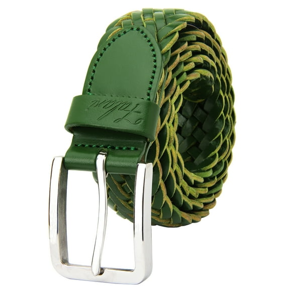 Falari Men's Braided Belt 100% Genuine Leather Stainless Steel Buckle 35mm ( Green - Medium)