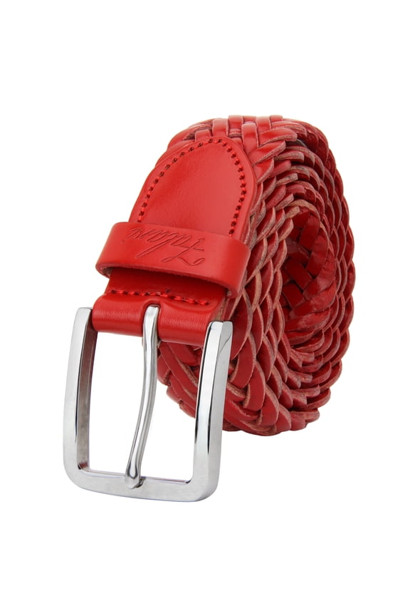 Men's Braided Belt 100% Genuine Leather Stainless Steel Buckle 35mm ( Red - Large)