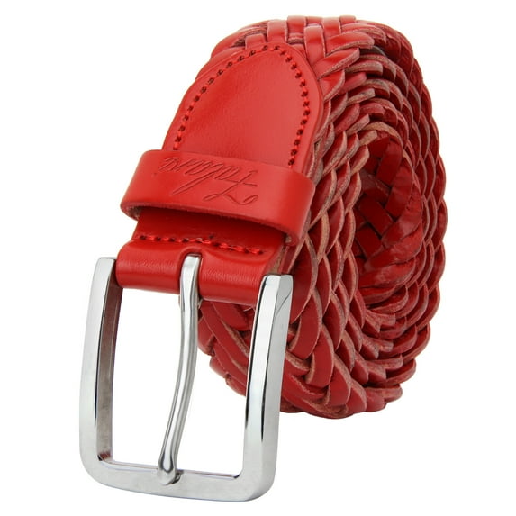 Falari Men's Braided Belt 100% Genuine Leather Stainless Steel Buckle 35mm ( Red - Small)