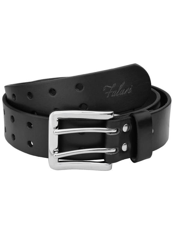 Men's Double Holes Genuine Leather Belt Double Prong Jeans Belt Black Large