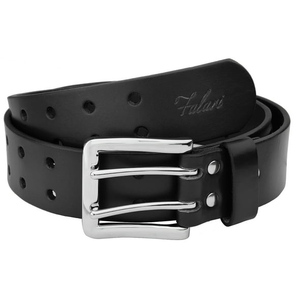 Falari Men's Double Holes Genuine Leather Belt Double Prong Jeans Belt Black Small