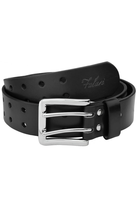 Men's Double Holes Genuine Leather Belt Double Prong Jeans Belt Black X-Large