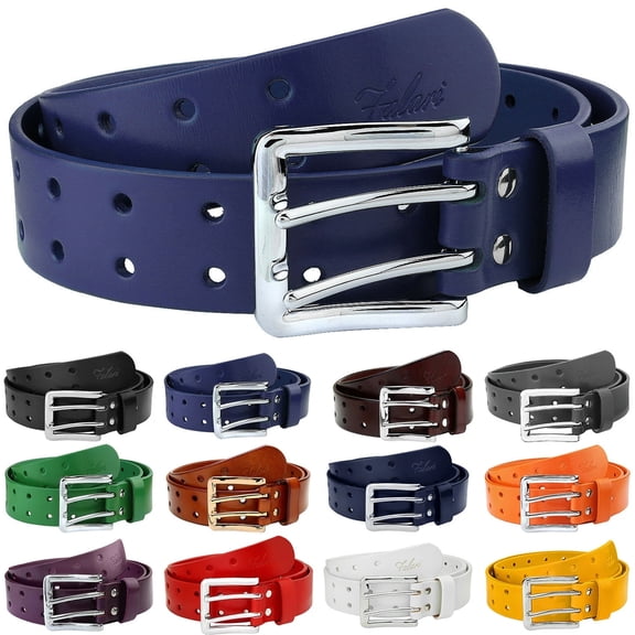 Falari Men's Double Holes Genuine Leather Belt Double Prong Jeans Belt Blue Large
