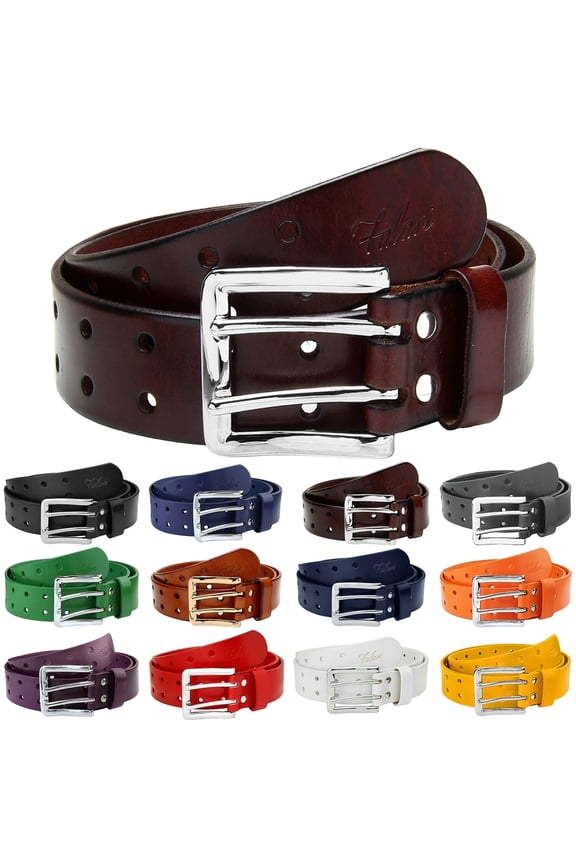 Men's Double Holes Genuine Leather Belt Double Prong Jeans Belt Brown Medium