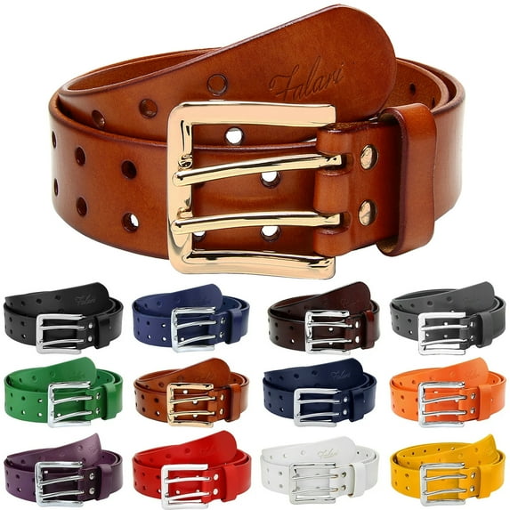 Falari Men's Double Holes Genuine Leather Belt Double Prong Jeans Belt Light Brown Large