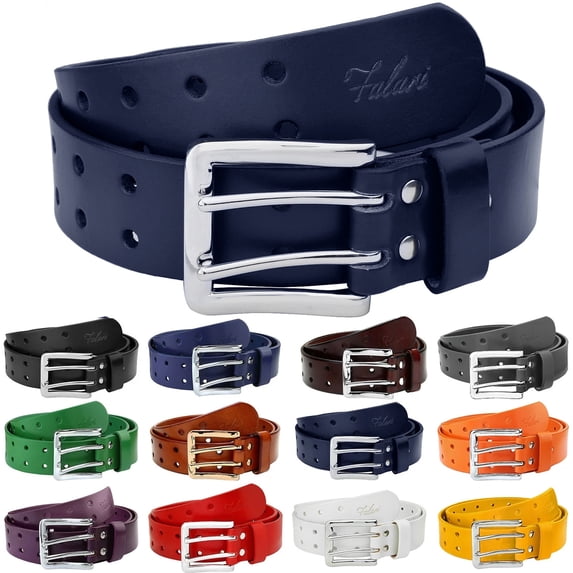 Falari Men's Double Holes Genuine Leather Belt Double Prong Jeans Belt Navy Medium